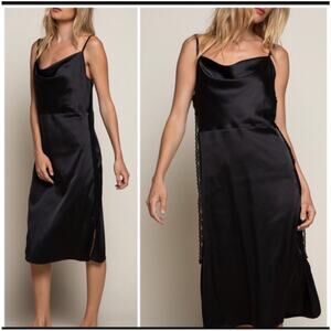 NWT POL Whimsy Goth Silky  Spaghetti Strap Draped Neck Midi Black Slip Dress Med
